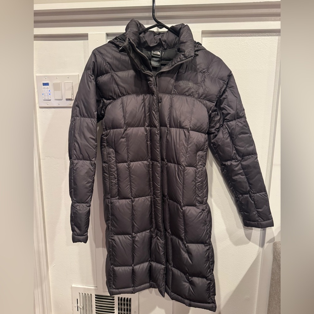 The North Face long grey parka in size XS.